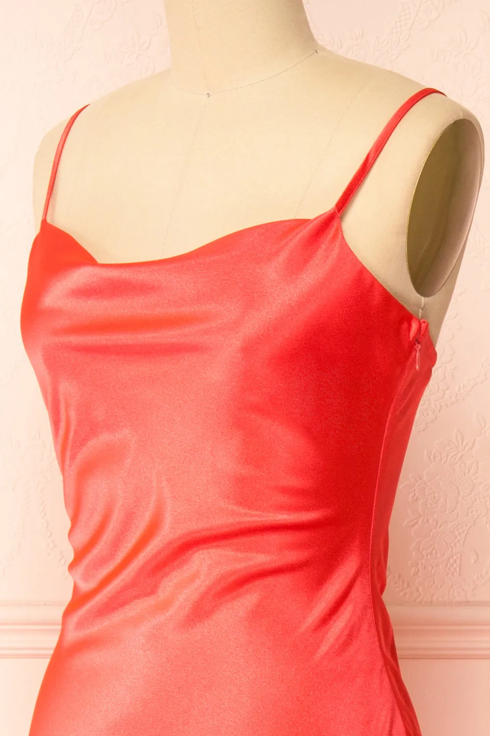Jordy | Coral-Red Satin Midi Dress w/ Slit