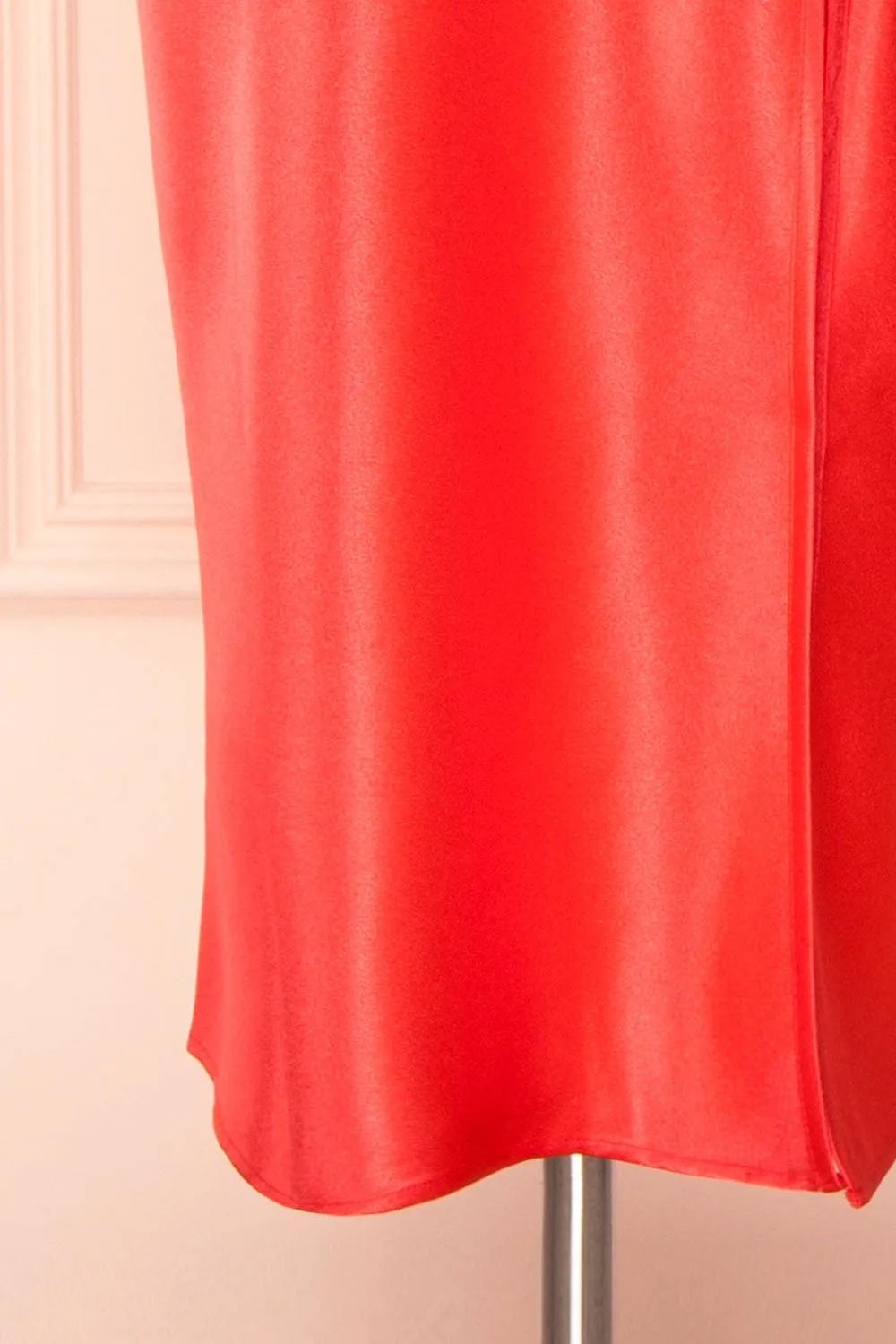 Jordy | Coral-Red Satin Midi Dress w/ Slit