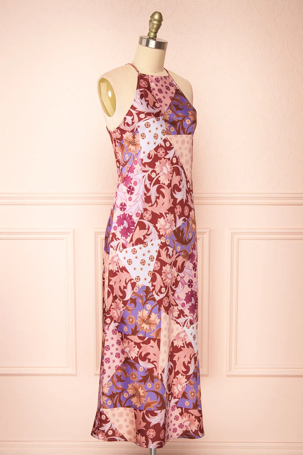 Kenaka Mauve | Floral Satin Midi Halter Dress