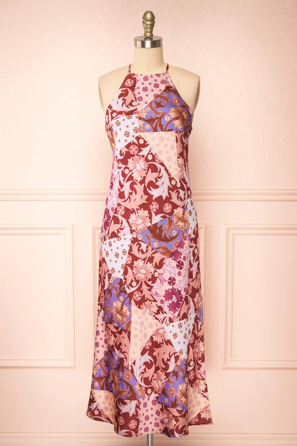 Kenaka Mauve | Floral Satin Midi Halter Dress