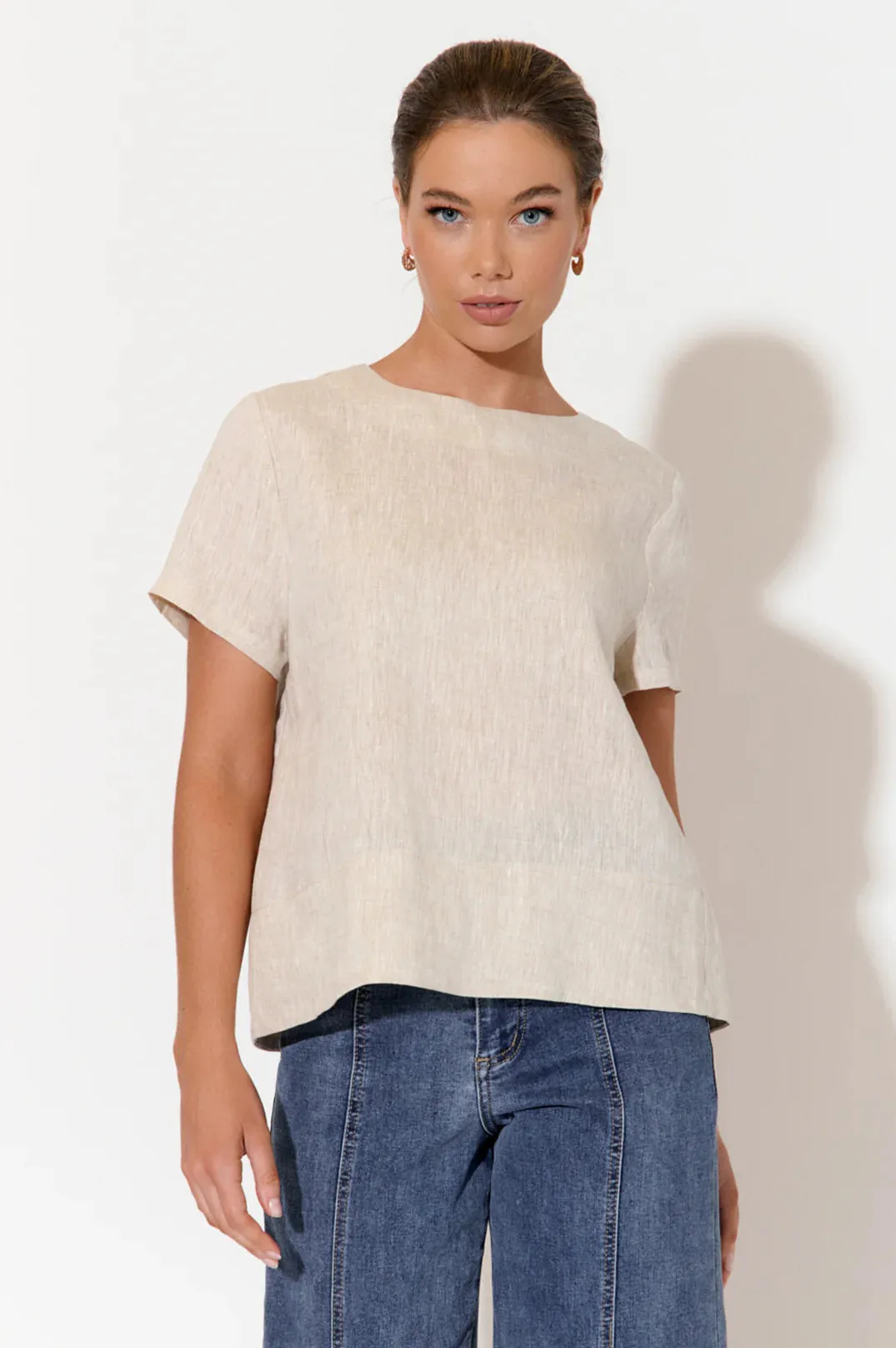 Kita Short Sleeve Button Back Linen Top Natural