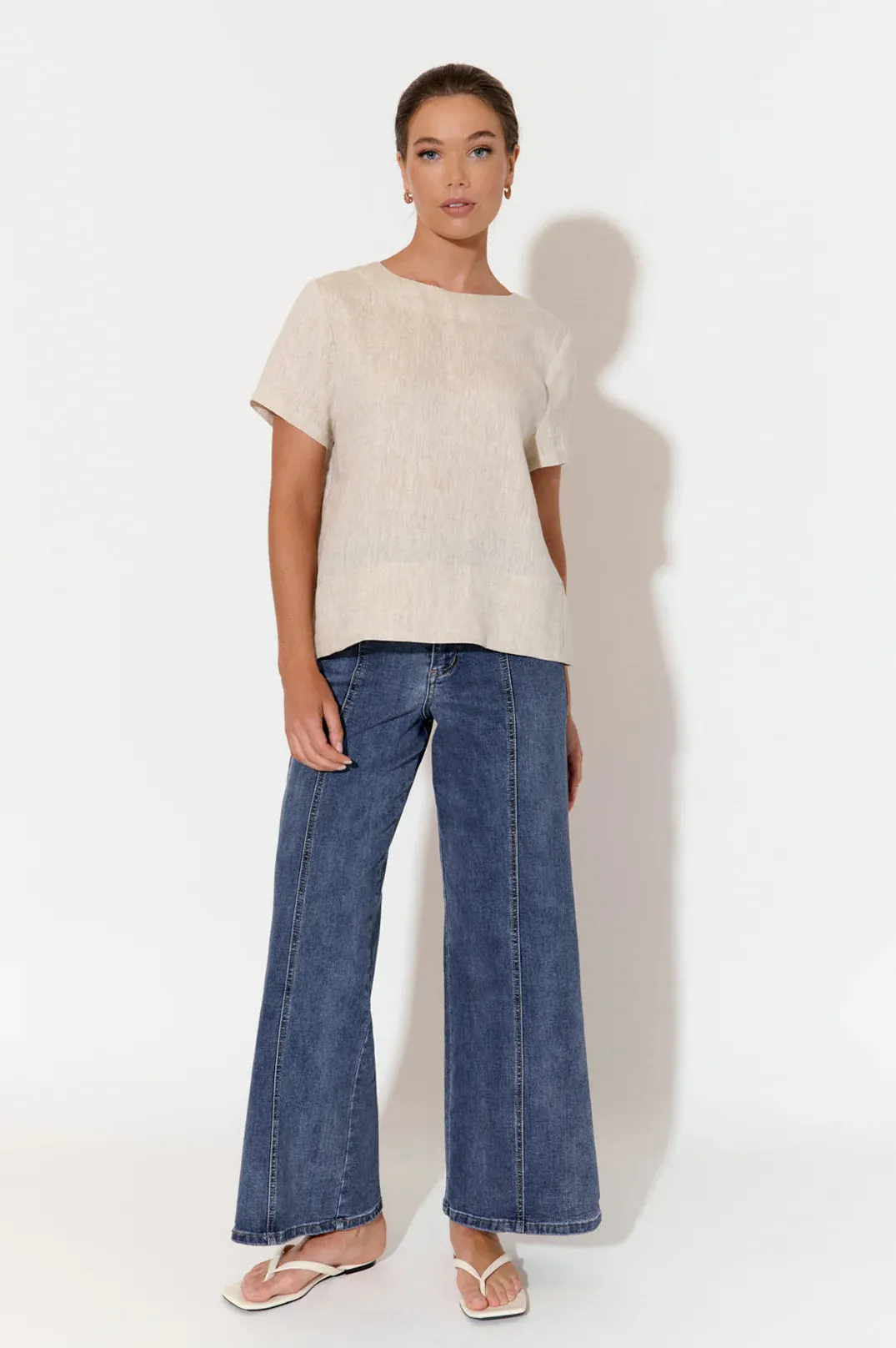 Kita Short Sleeve Button Back Linen Top Natural