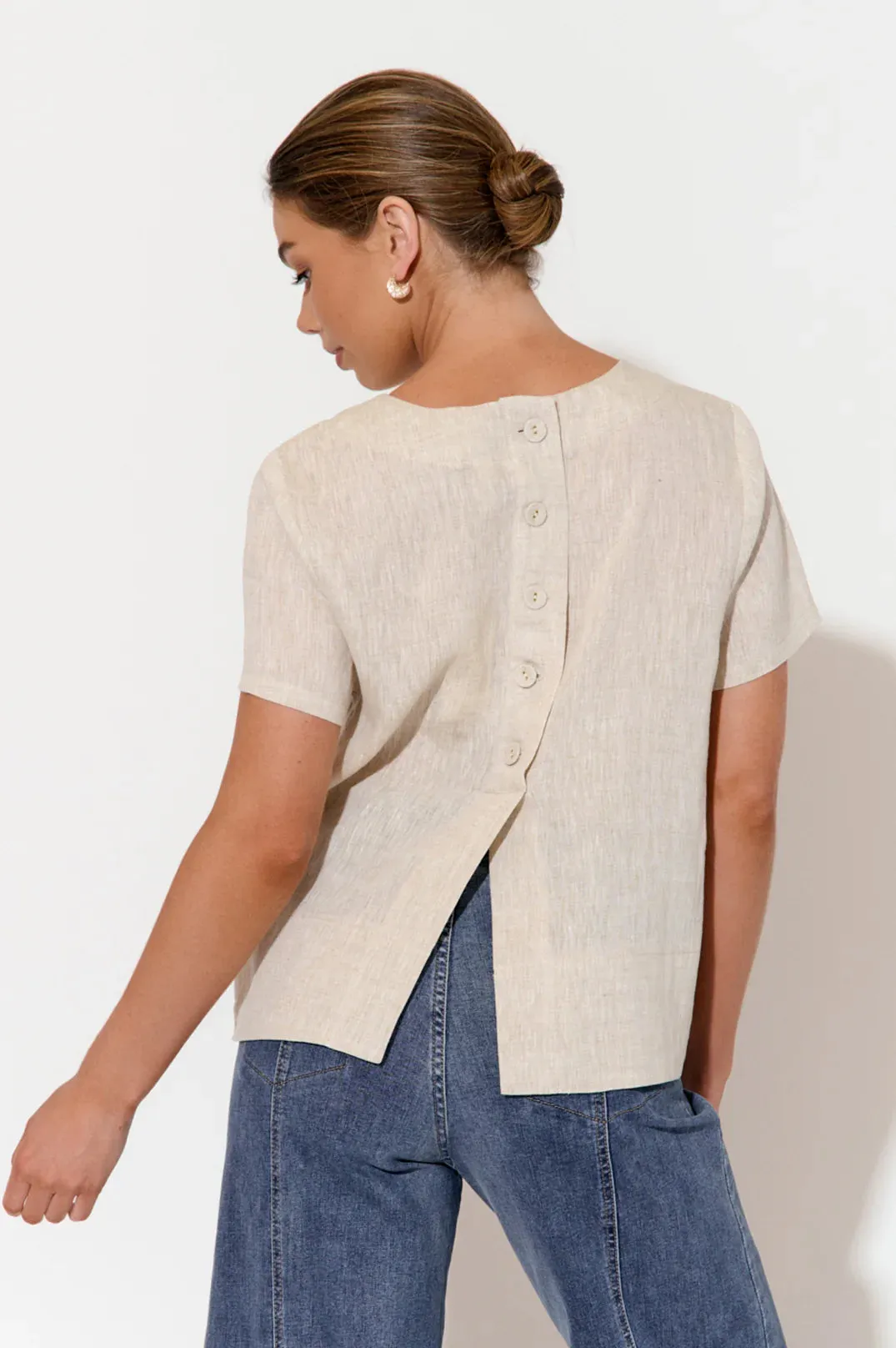 Kita Short Sleeve Button Back Linen Top Natural