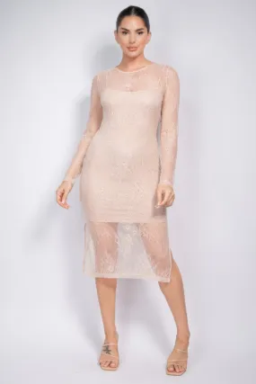 Lace Rhinestone-studded Slit Midi Dress for Women