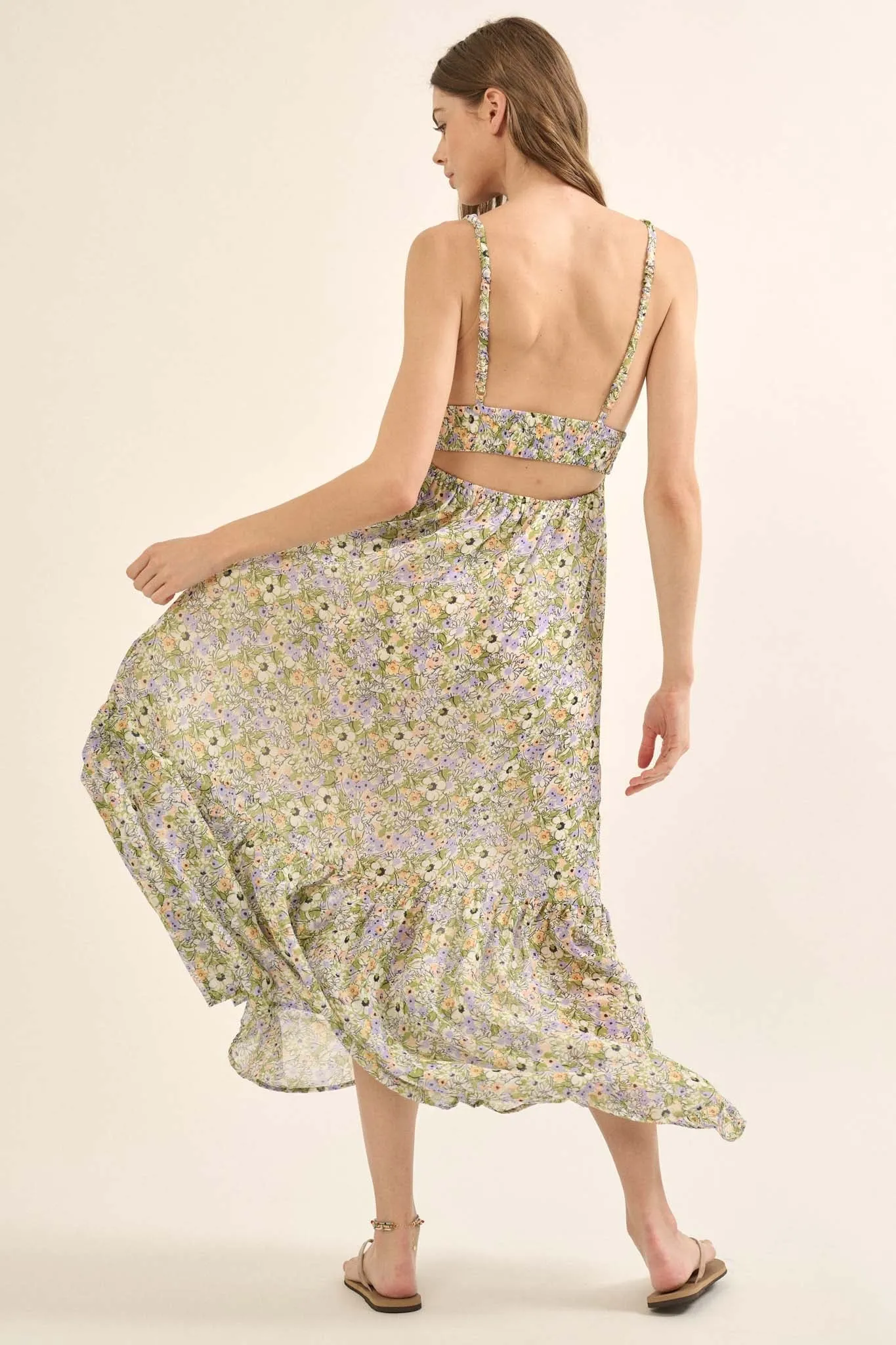 Magical Meadow Floral Chiffon Open-Back Maxi Dress