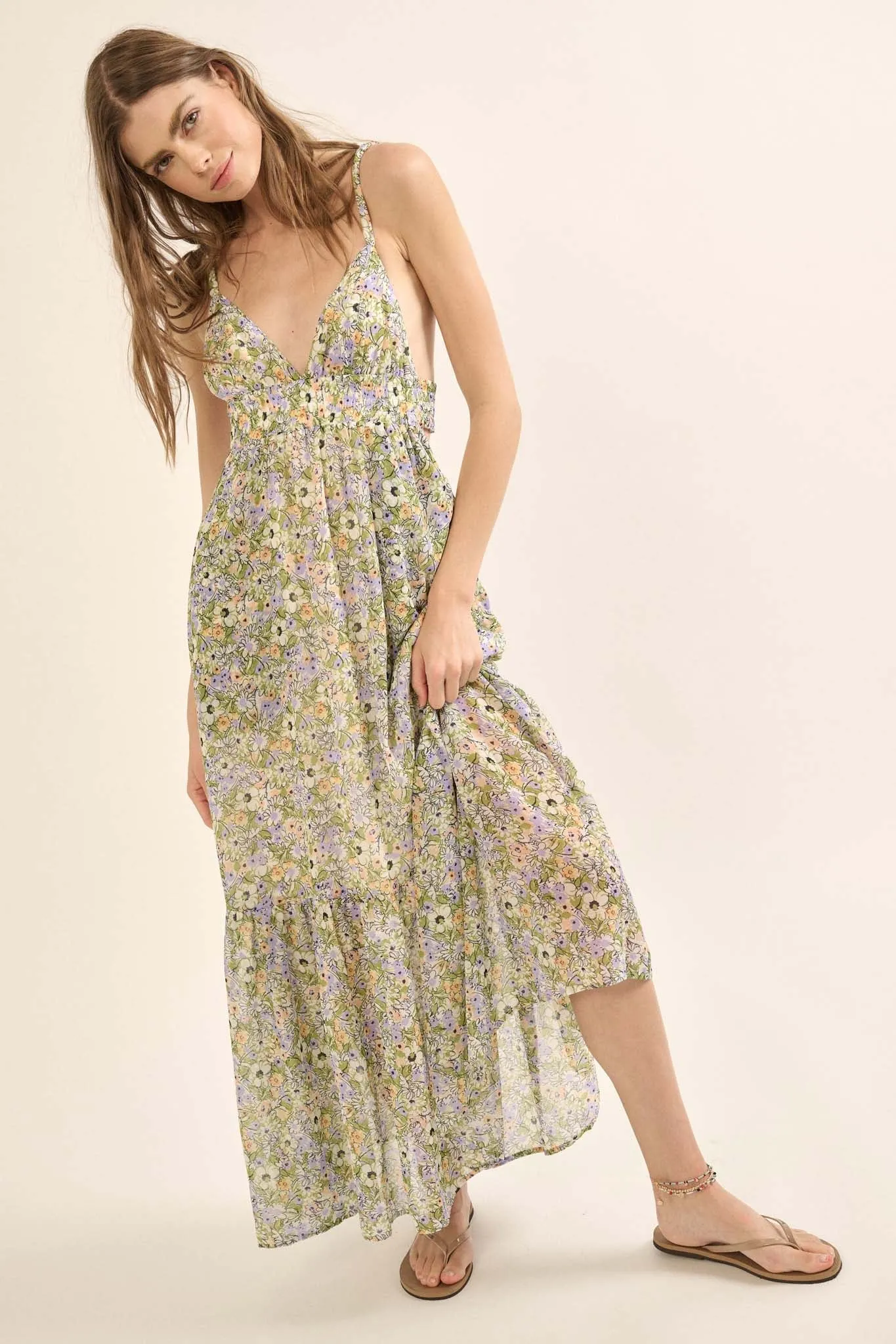 Magical Meadow Floral Chiffon Open-Back Maxi Dress