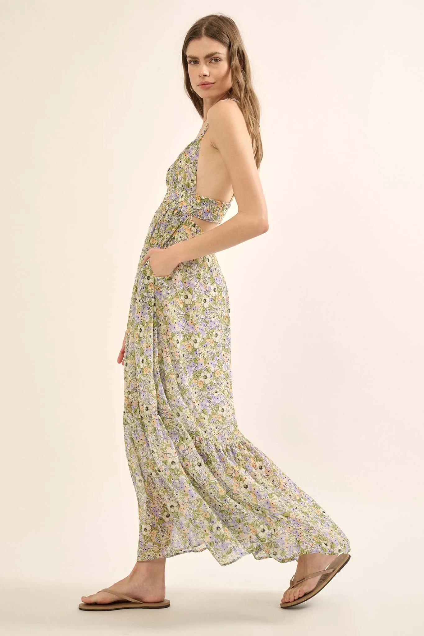 Magical Meadow Floral Chiffon Open-Back Maxi Dress