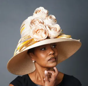 OE0023-Ladies tan satin ribbon dress hat