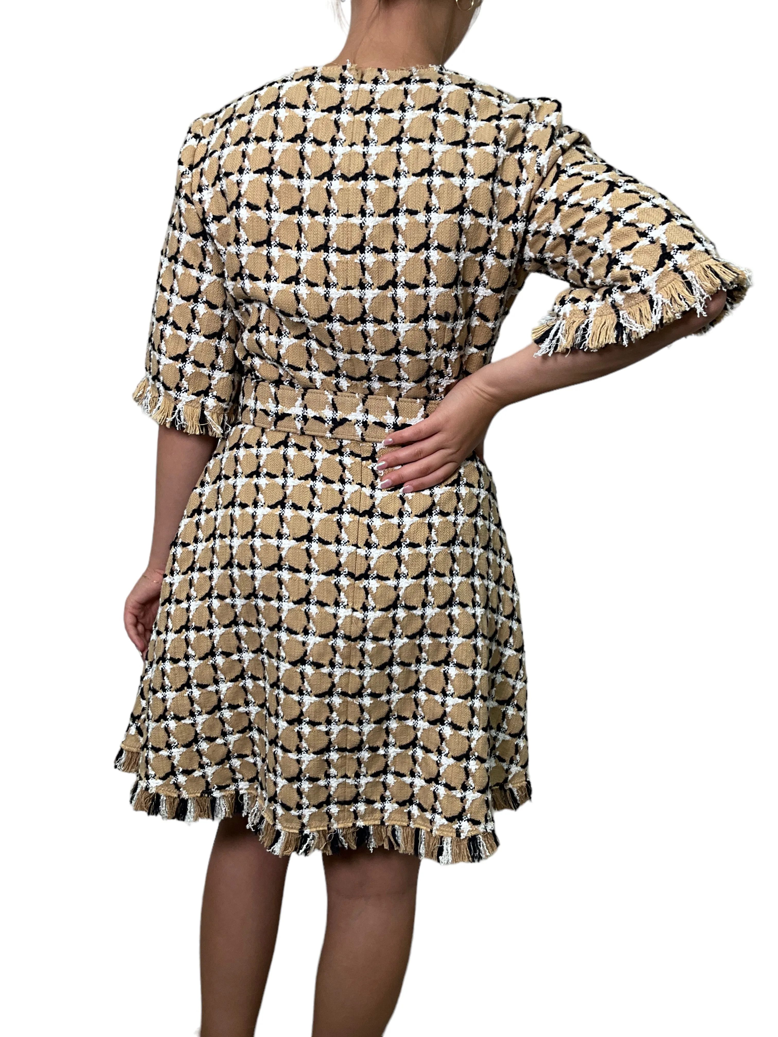 Oscar de la Renta Plaid Tweed Fringe Trim Belted Dress Size M
