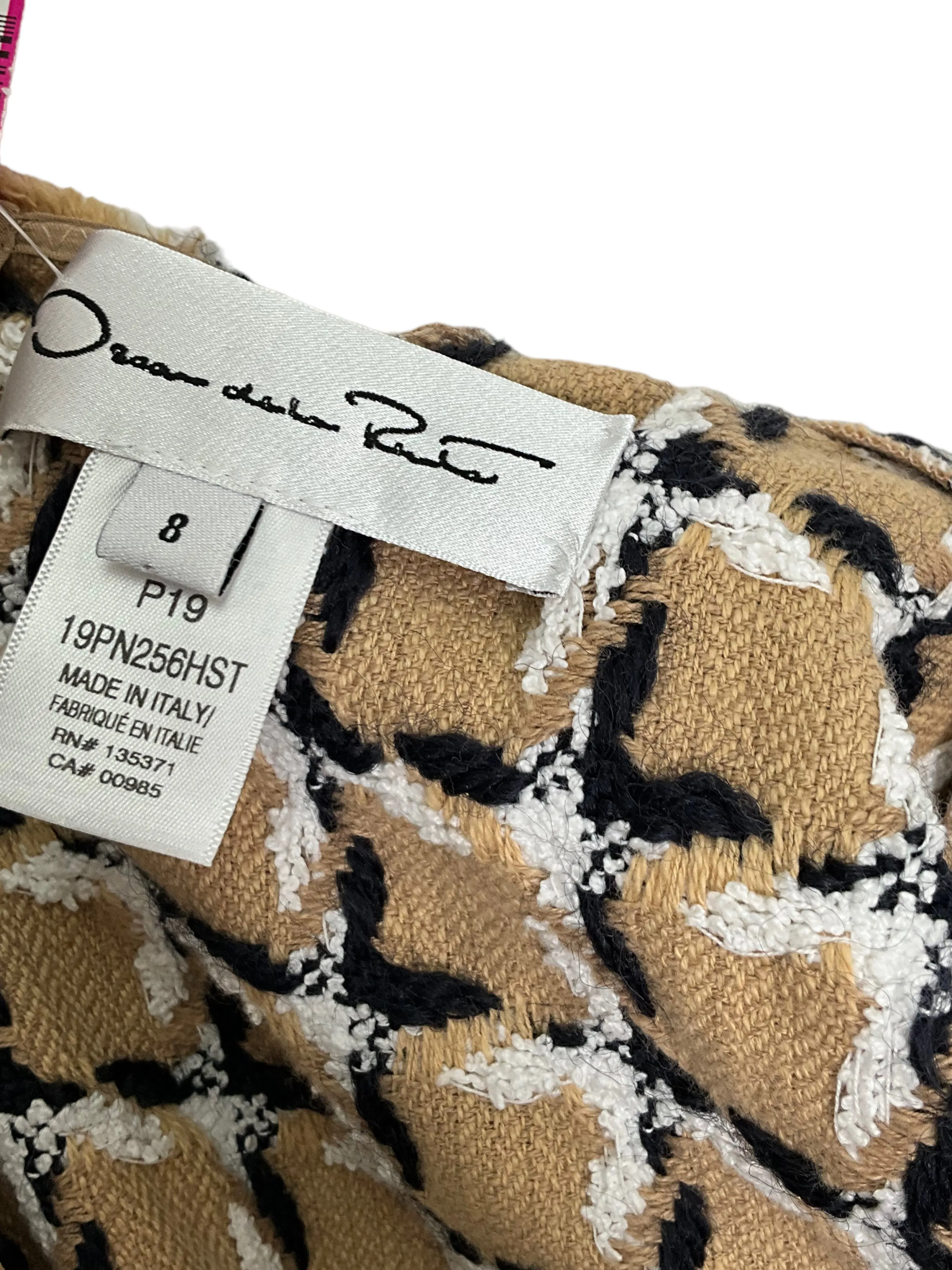 Oscar de la Renta Plaid Tweed Fringe Trim Belted Dress Size M