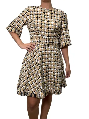 Oscar de la Renta Plaid Tweed Fringe Trim Belted Dress Size M