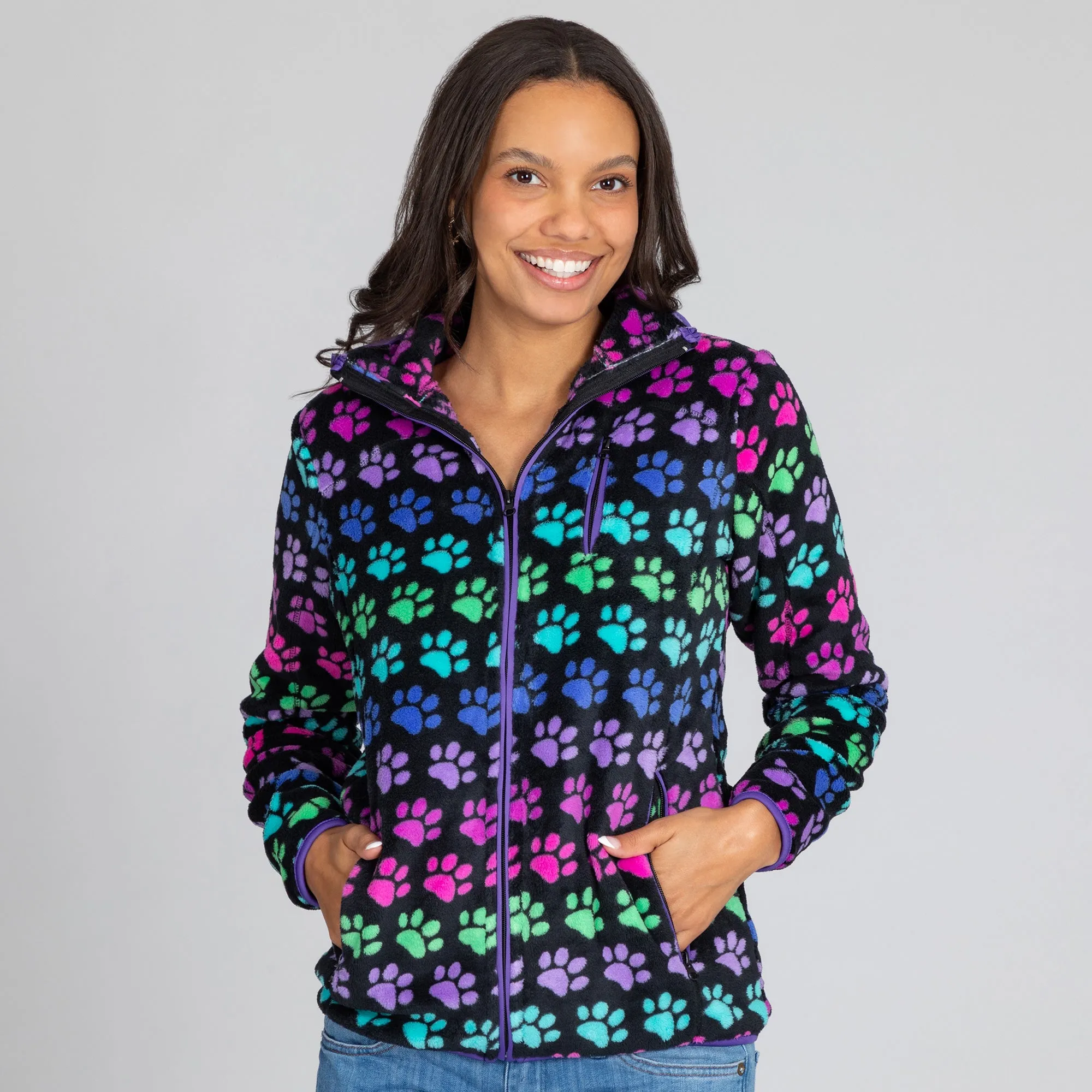 Printed Paws Fleece Trimmed Zippered Jacket