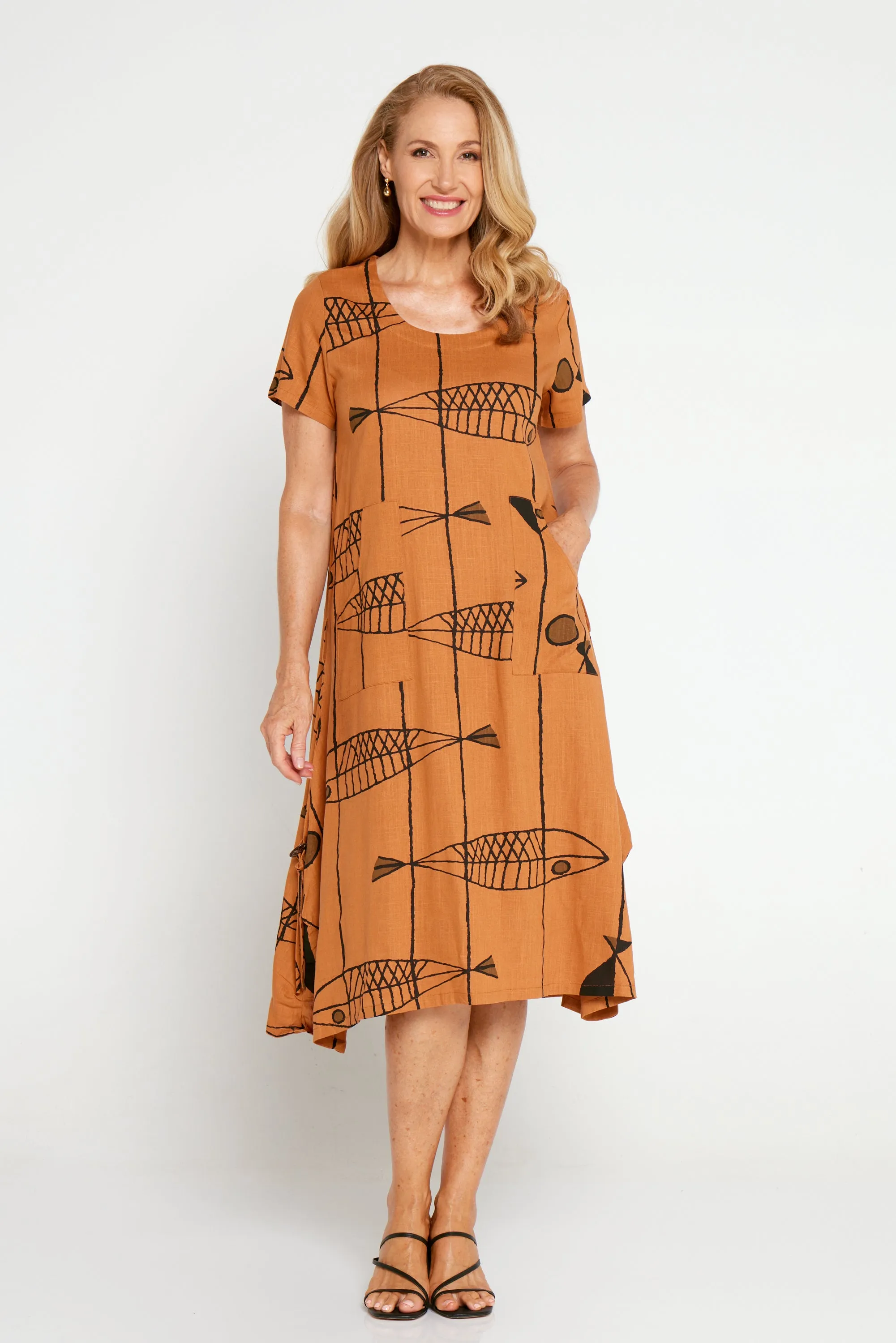 River Linen Dress - Tan Sea Life