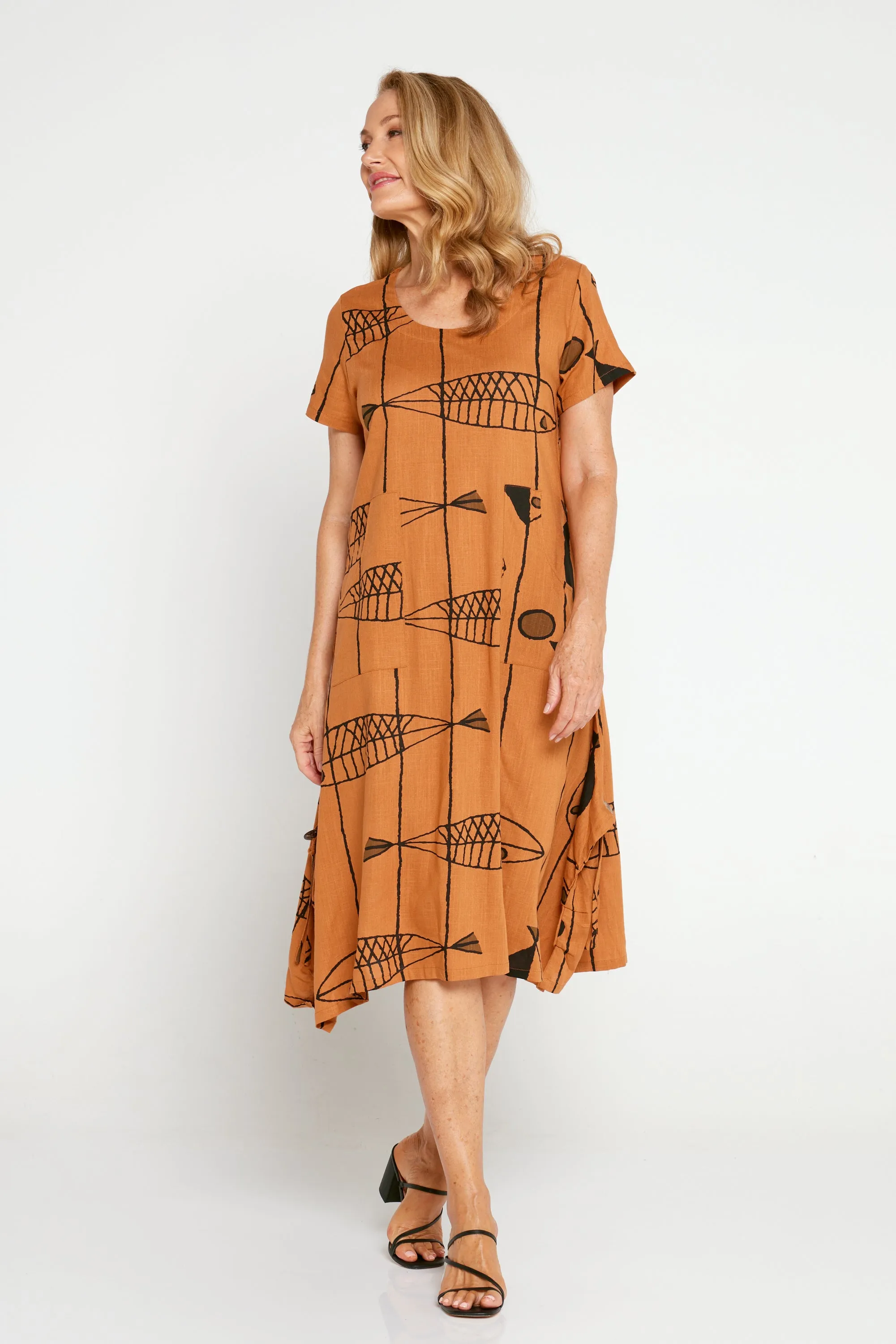 River Linen Dress - Tan Sea Life
