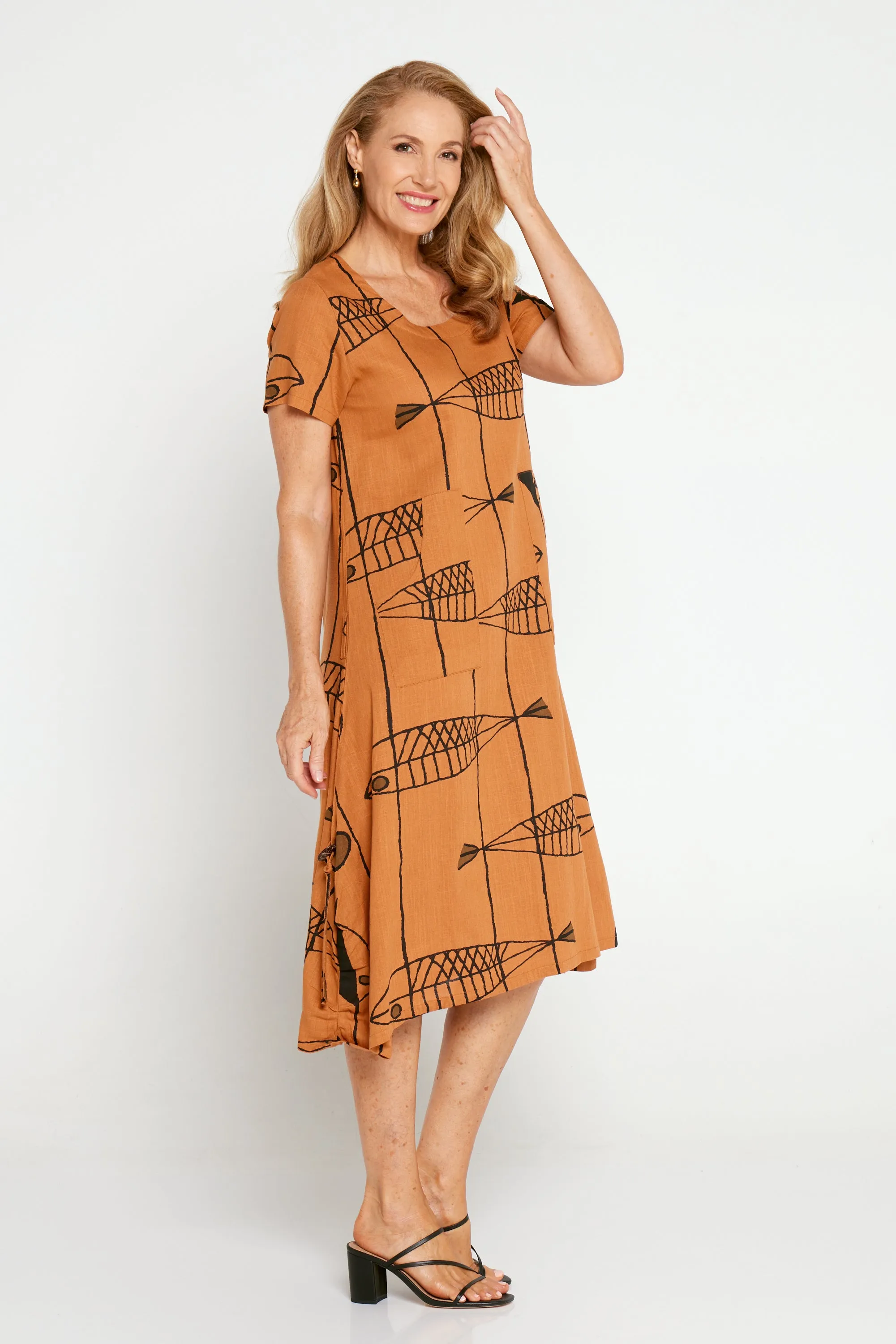 River Linen Dress - Tan Sea Life