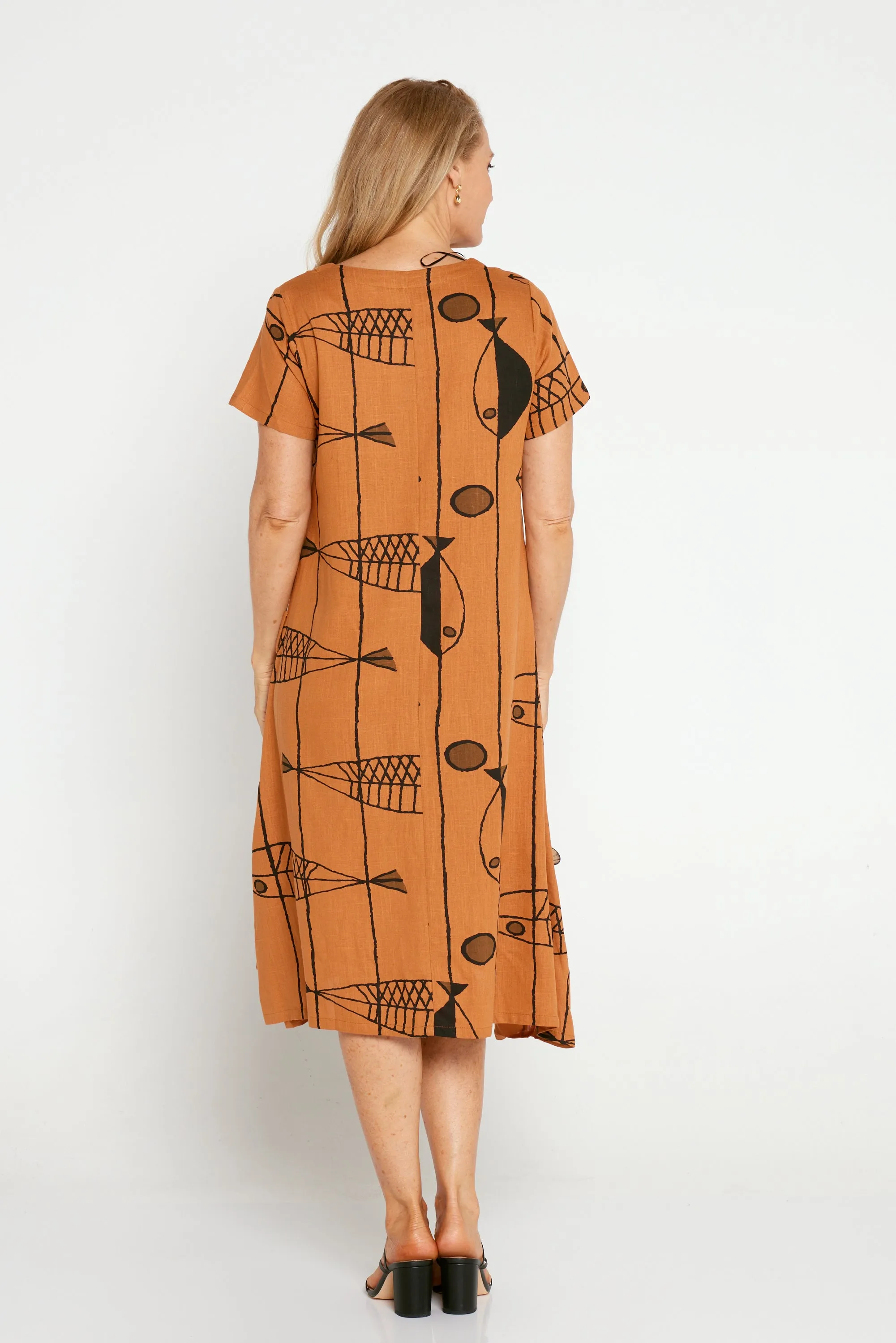 River Linen Dress - Tan Sea Life