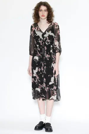 Silk Print Crane Black Midi Dress