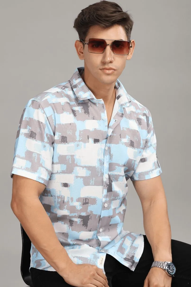 Sky Blue & Grey Printed shirt - Half - Wrinkle Free