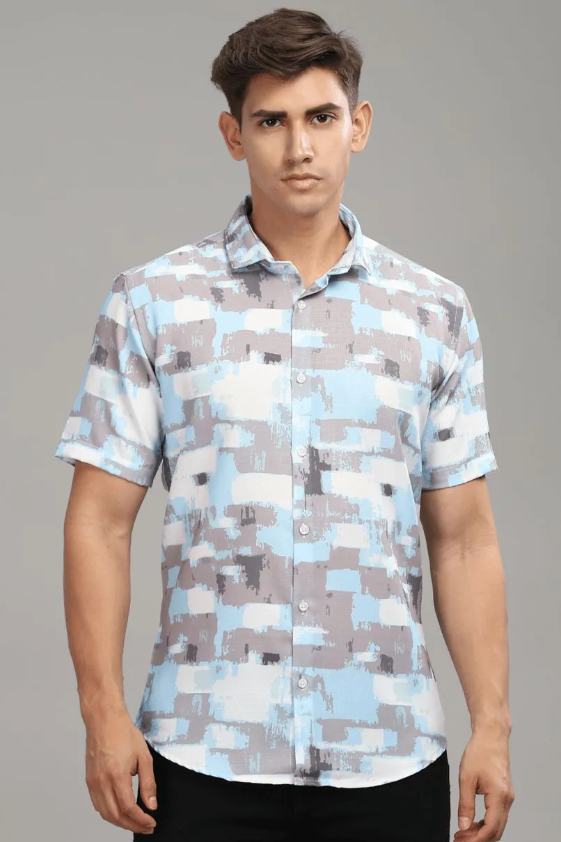 Sky Blue & Grey Printed shirt - Half - Wrinkle Free