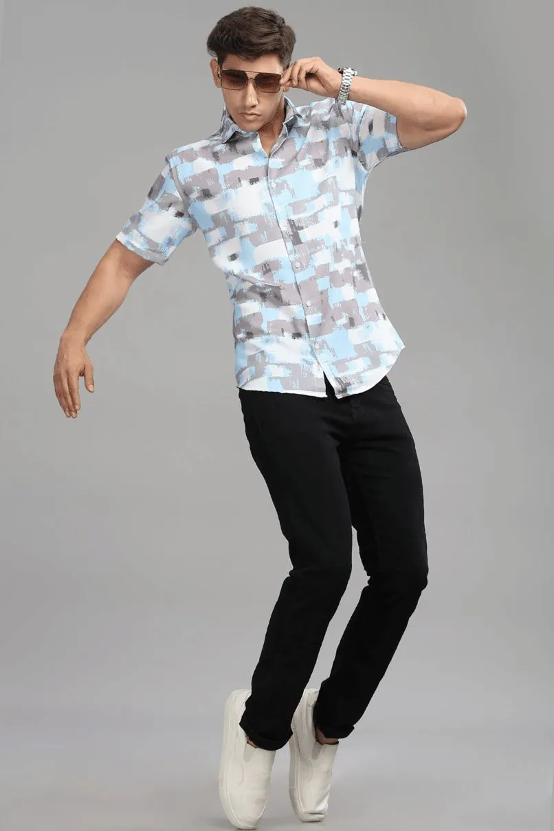 Sky Blue & Grey Printed shirt - Half - Wrinkle Free