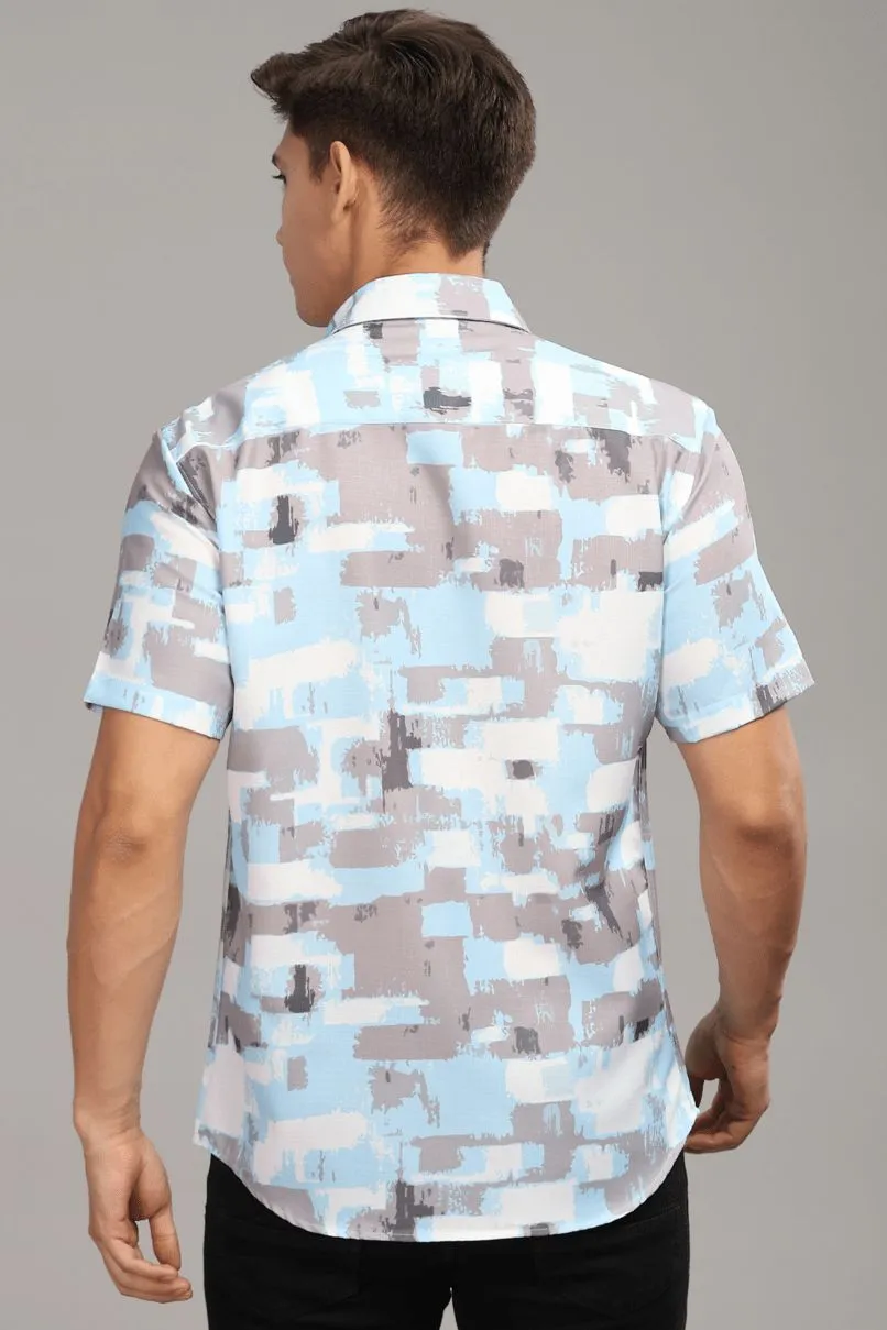 Sky Blue & Grey Printed shirt - Half - Wrinkle Free