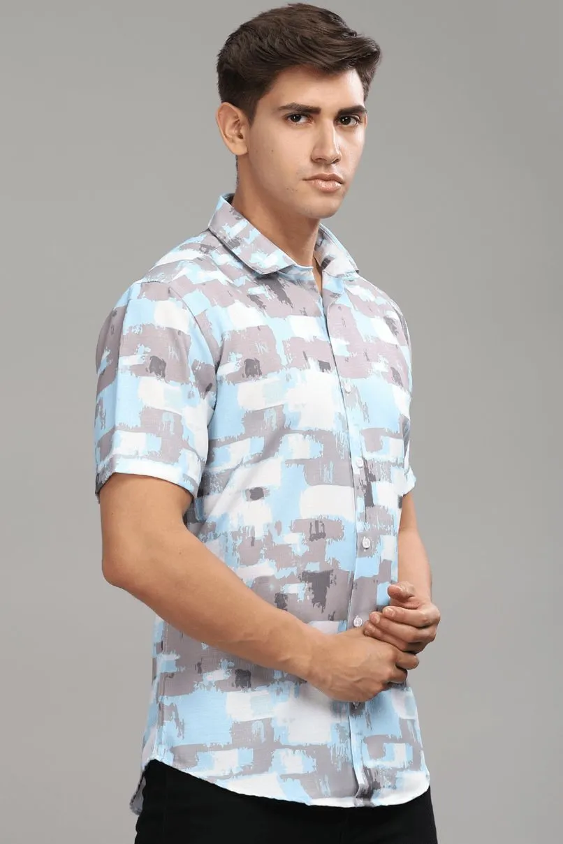 Sky Blue & Grey Printed shirt - Half - Wrinkle Free