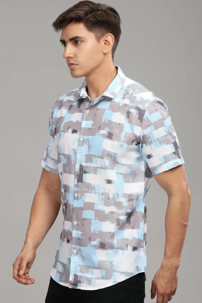 Sky Blue & Grey Printed shirt - Half - Wrinkle Free
