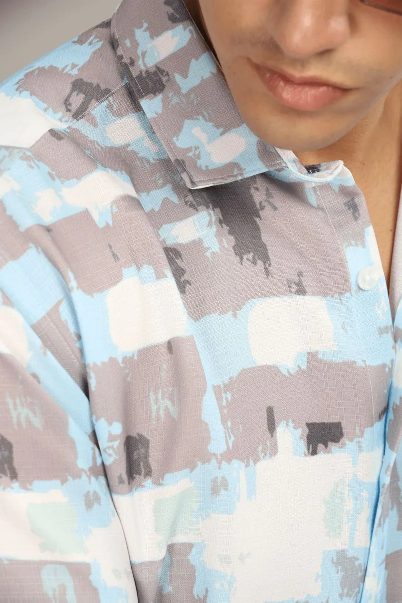 Sky Blue & Grey Printed shirt - Half - Wrinkle Free