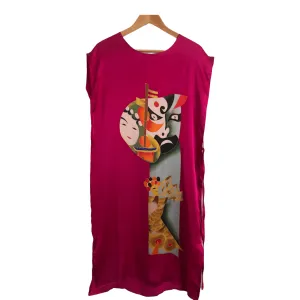 Tan 100% Silk Cap Sleeve Belted Shift Dress Pink Japenese Block Print UK Size 16