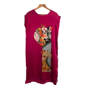 Tan 100% Silk Cap Sleeve Belted Shift Dress Pink Japenese Block Print UK Size 16