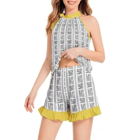 Tie Neck Halter Top and Ruffle Hem Short Set