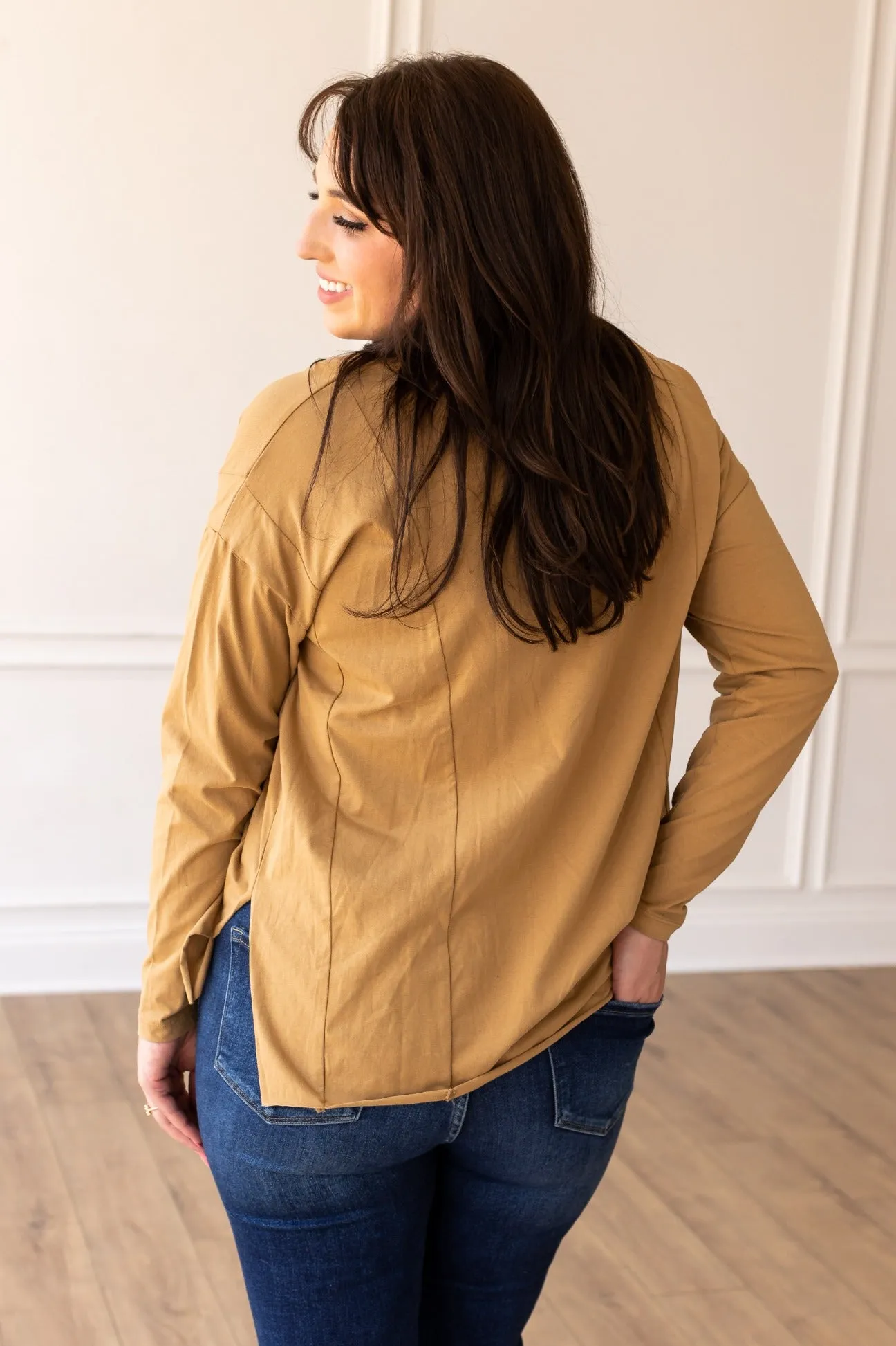 Western Boots on Tan Long-sleeved T-shirts With Side Stitching