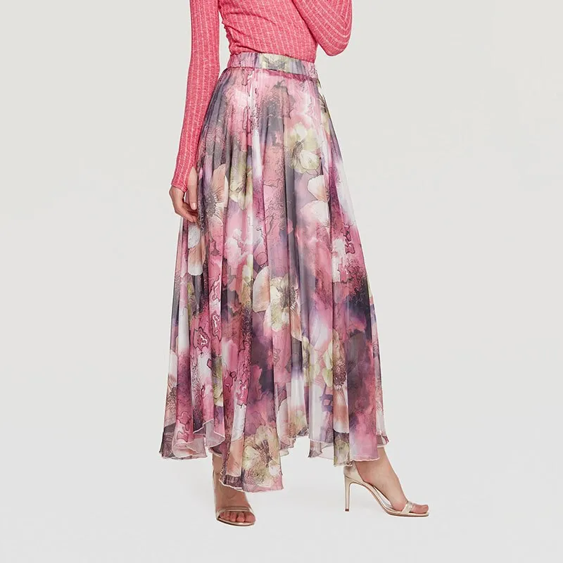 White Pink Floral Pleated Maxi Skirt