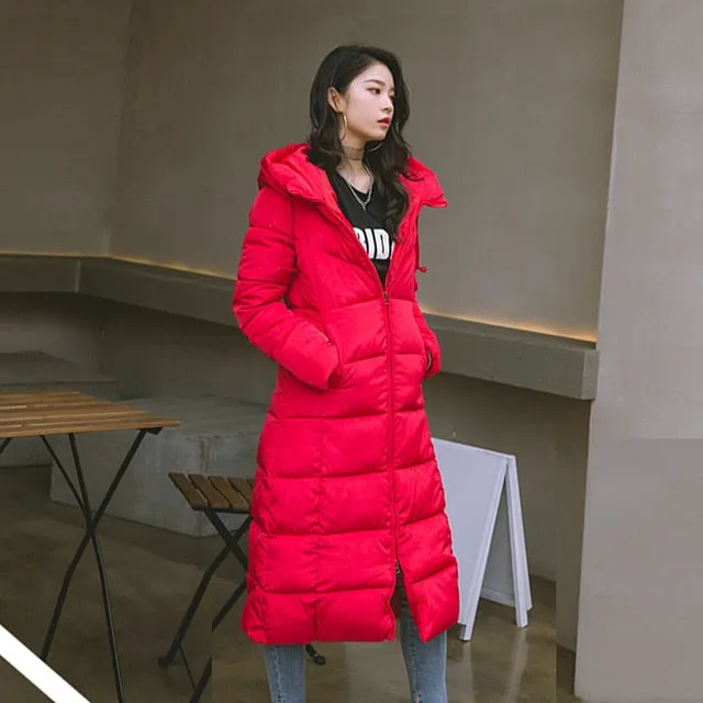 Winter Women Jacket X-long Hooded Cotton Padded Female Coat High Quality Warm Outwear