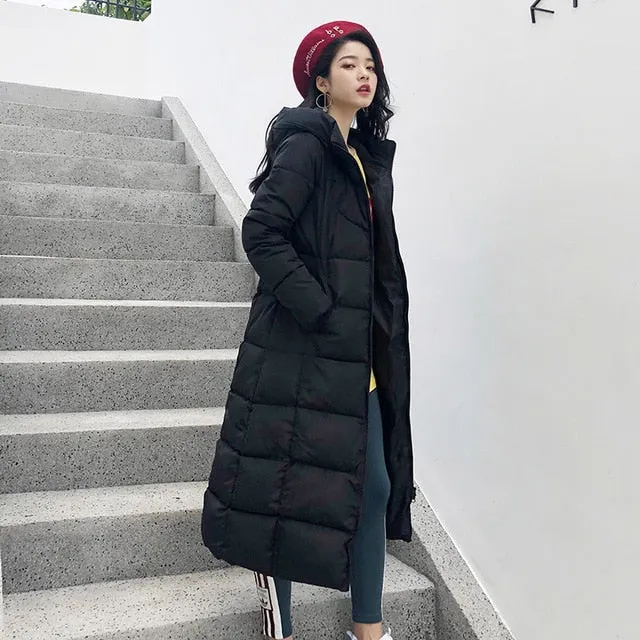 Winter Women Jacket X-long Hooded Cotton Padded Female Coat High Quality Warm Outwear