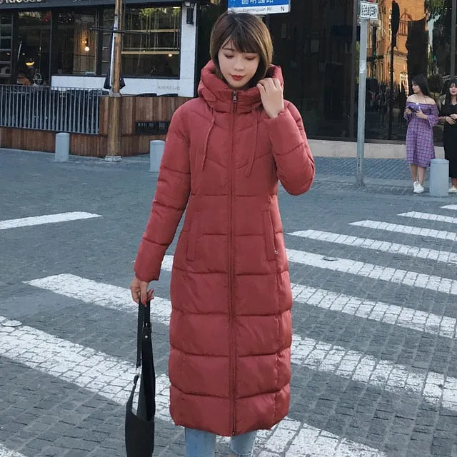 Winter Women Jacket X-long Hooded Cotton Padded Female Coat High Quality Warm Outwear