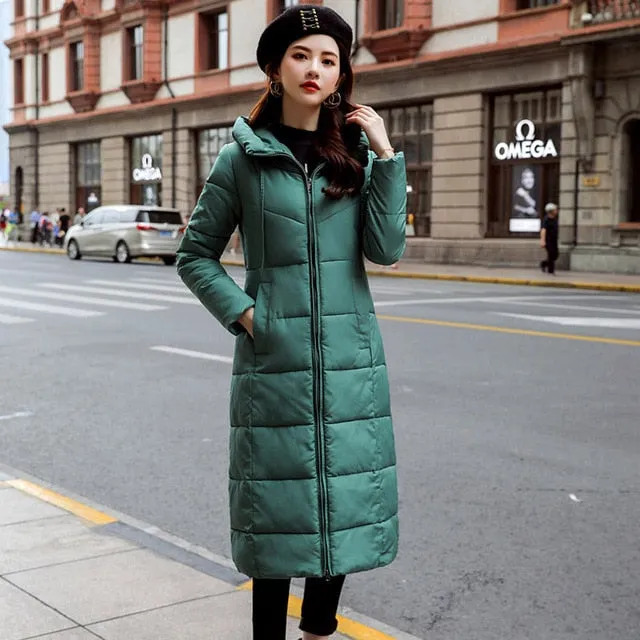 Winter Women Jacket X-long Hooded Cotton Padded Female Coat High Quality Warm Outwear