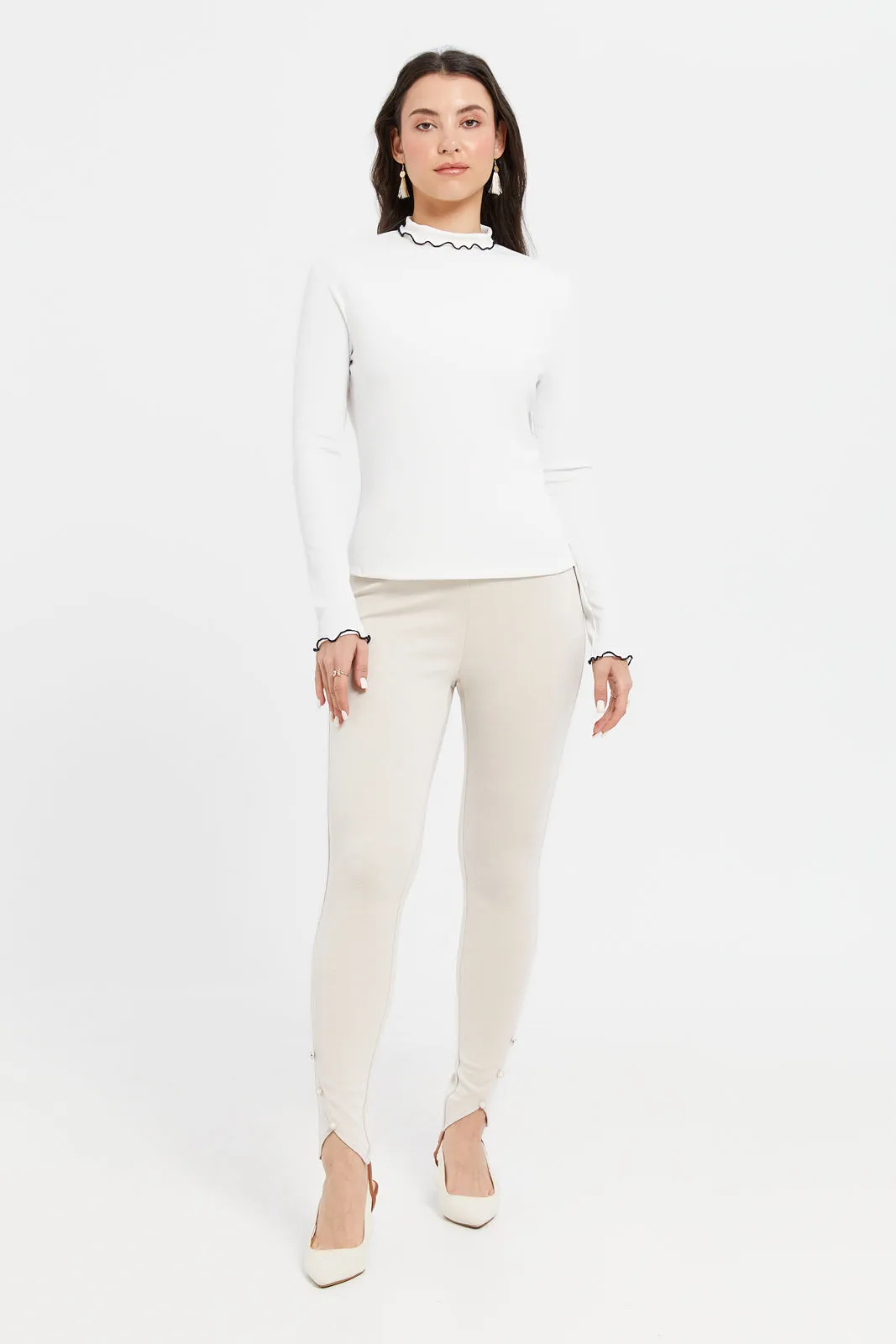 Women Ivory Multi Button Leggings