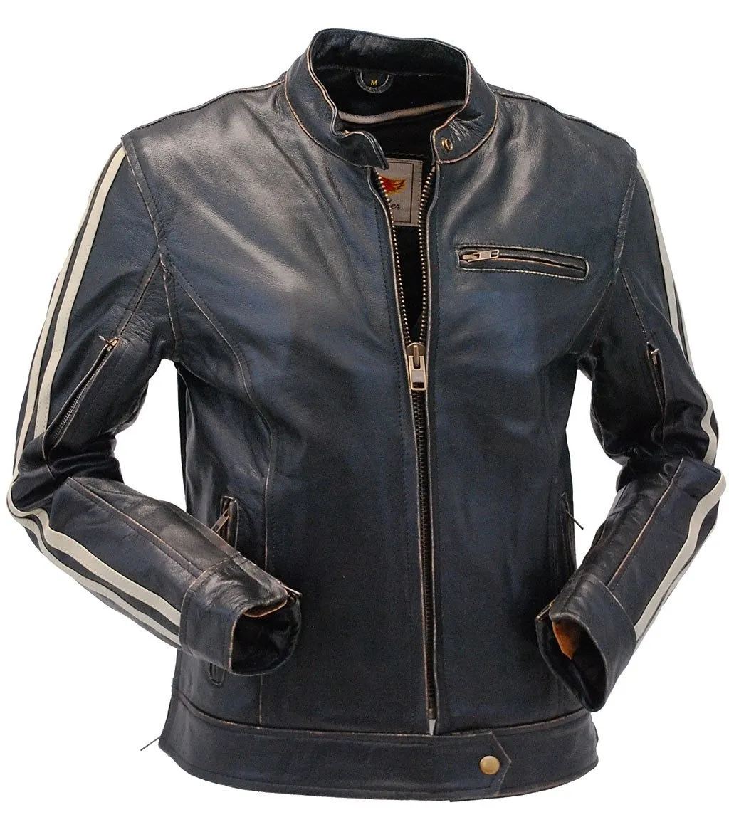 Women's Vintage Brown w/Tan Stripe Vented Racer Jacket #LA581VZN ()